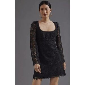 Maeve Anthropologie Dress Women 16W Black Paisley Guipure Lace Long Sleeve Shift